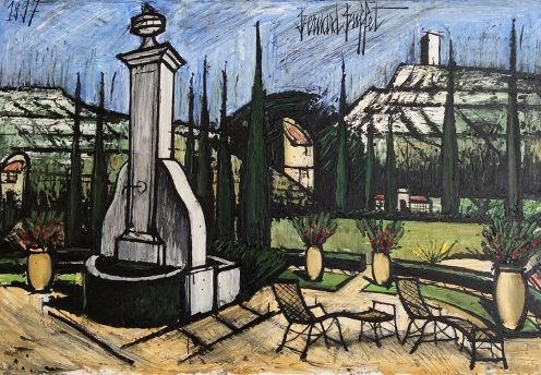 Huile sur toile de Bernard Buffet : « La Baume, la fontaine et la terrasse »